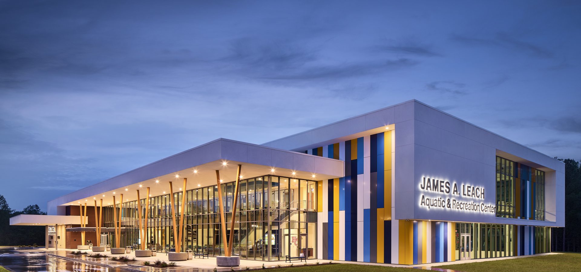 Wide view of the outside of the The James a. Leach Aquatic & Recreation Center in Raeford, NC